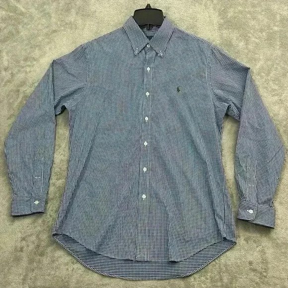 Polo Ralph Lauren Shirt Mens Medium Blue Plaid Check Long Sleeve Stretch Nylon - Picture 1 of 12